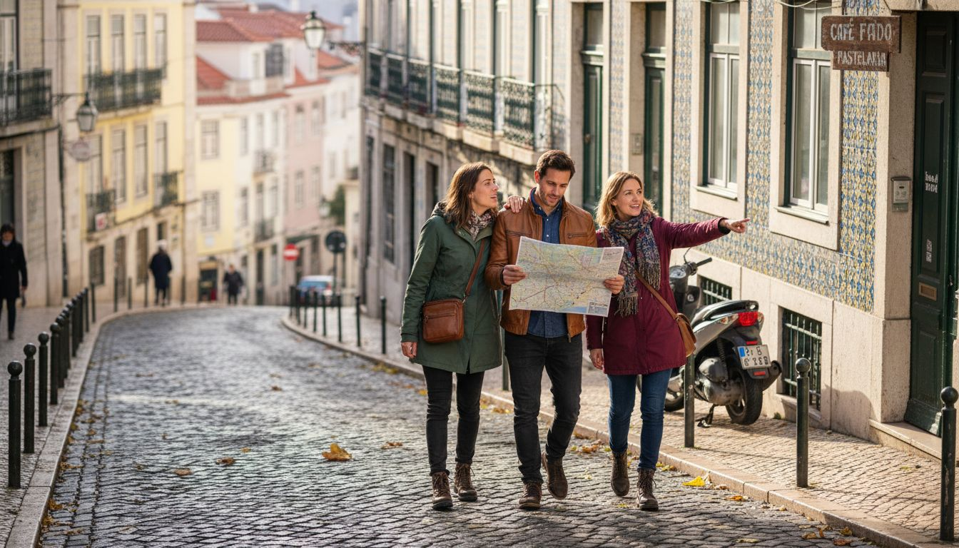 Travelers walking on Lisbon historic street