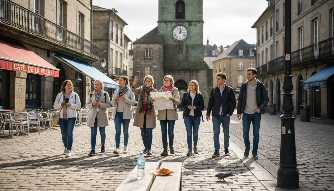 Tourists on city guided tour in Europe