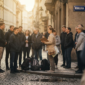 Tour operator guiding group in European city