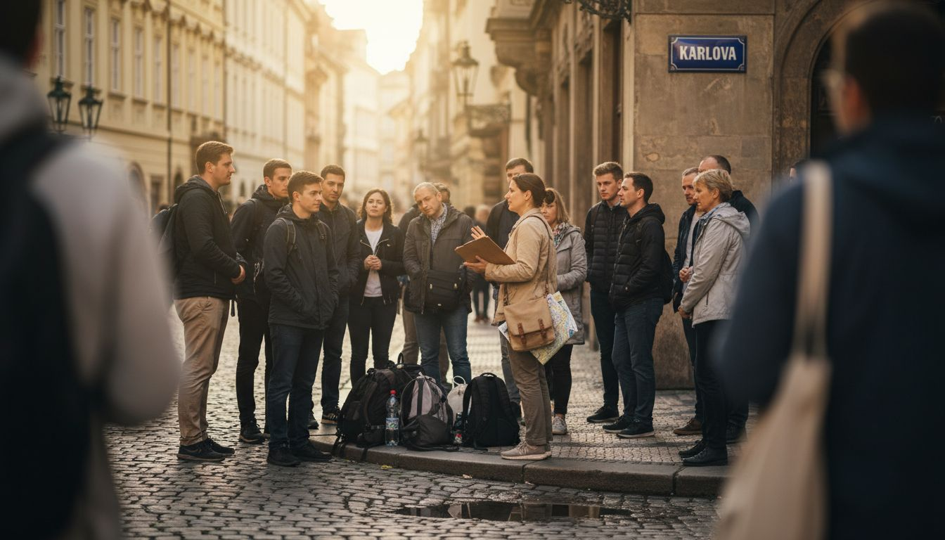 Tour operator guiding group in European city