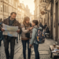 Family walking on European city tour