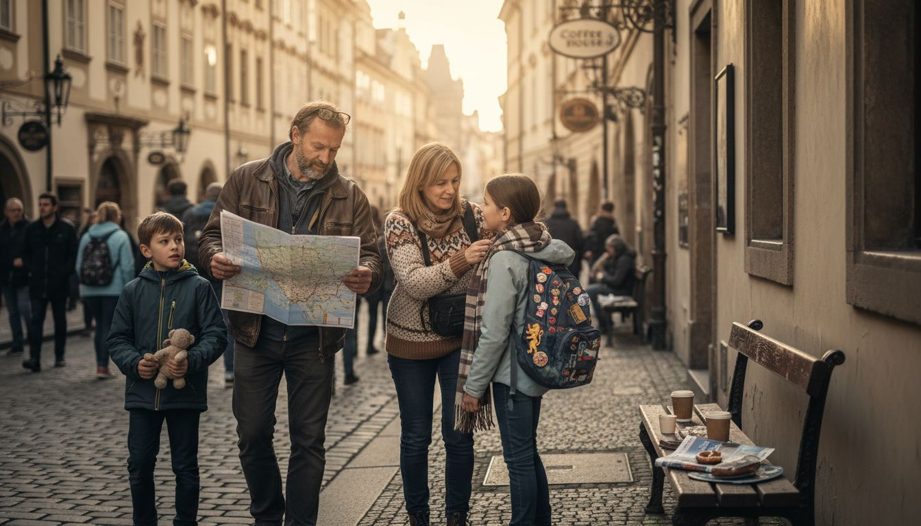 Family walking on European city tour