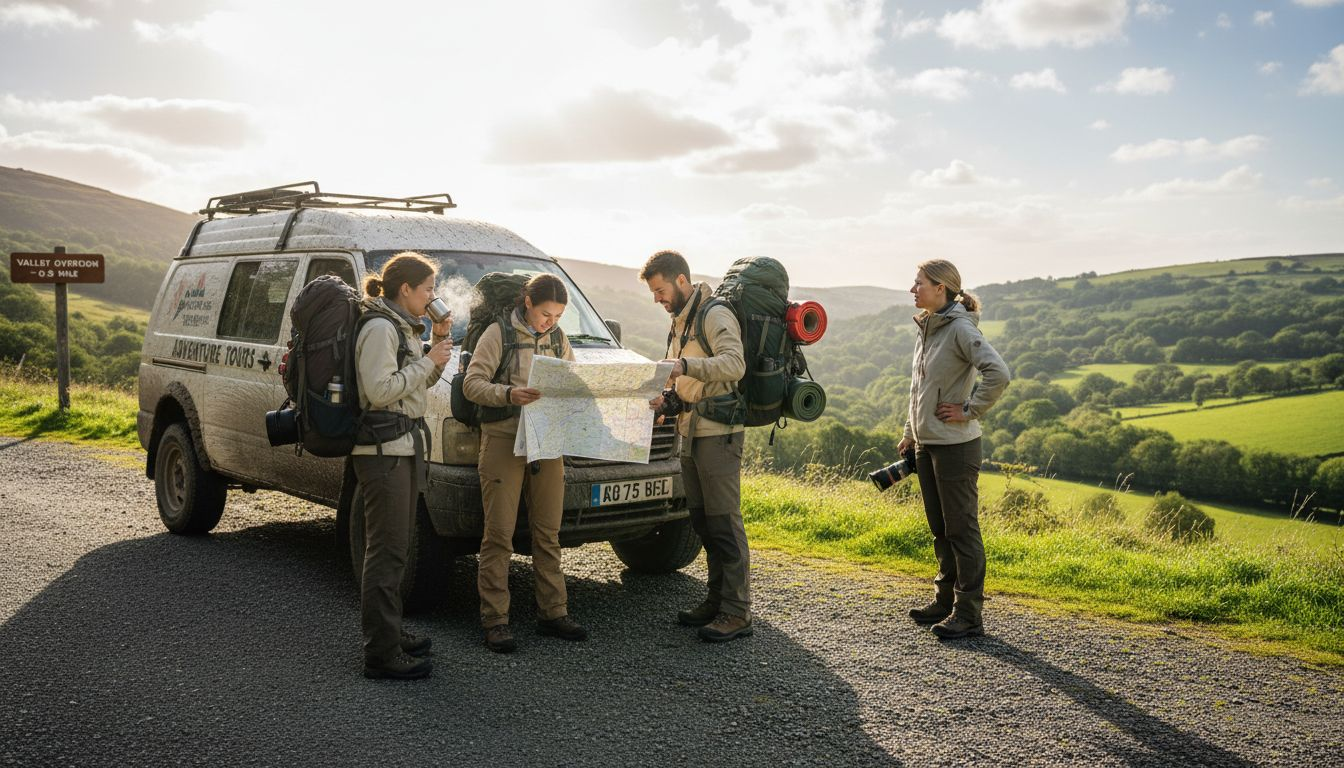 Travelers gather by van for scenic tour