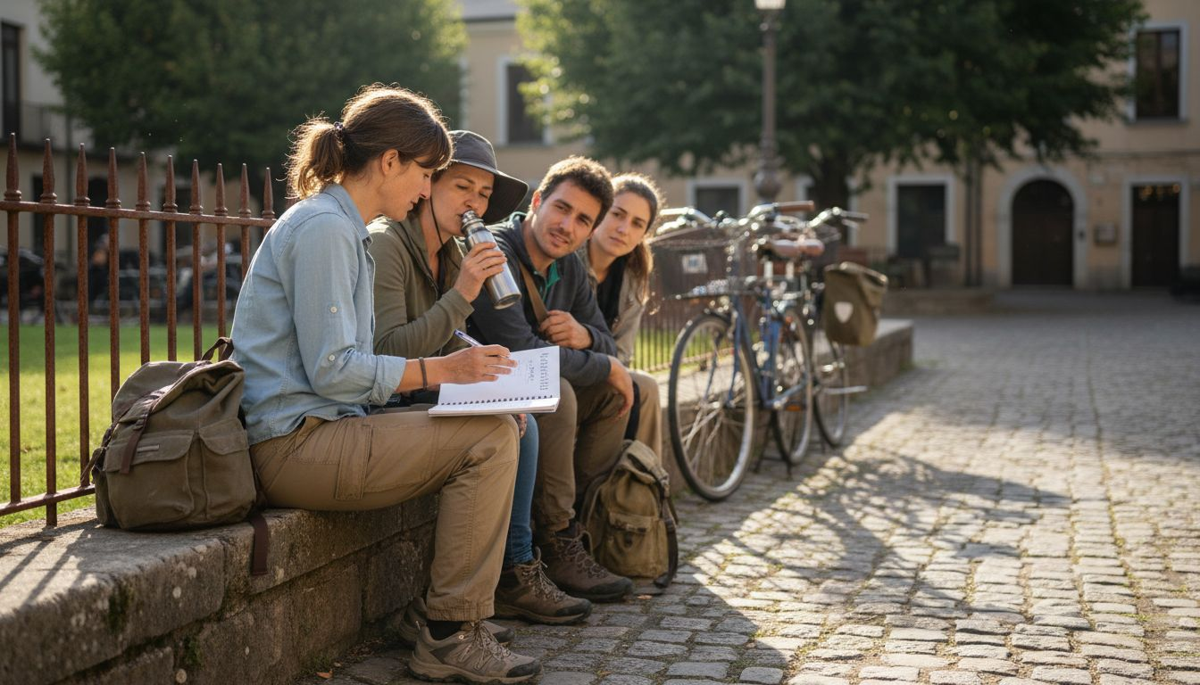Tour group planning route with guide