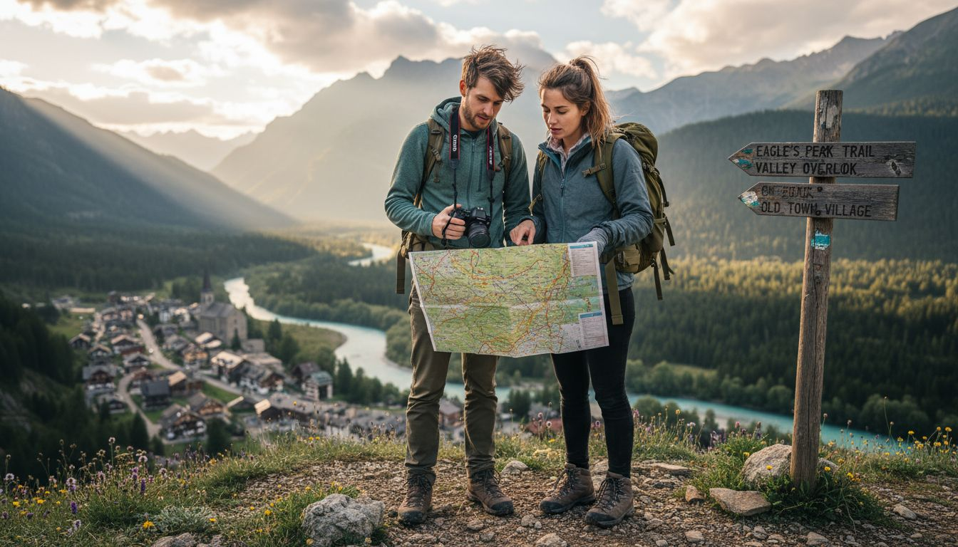Adventurous couple overlooking mountains and village