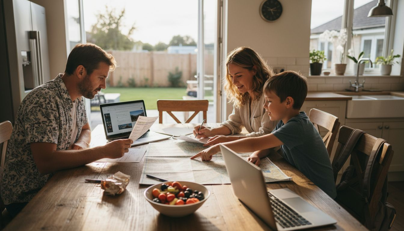Family planning summer vacation at kitchen table