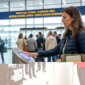 Travelers lined up at airport EES checkpoint