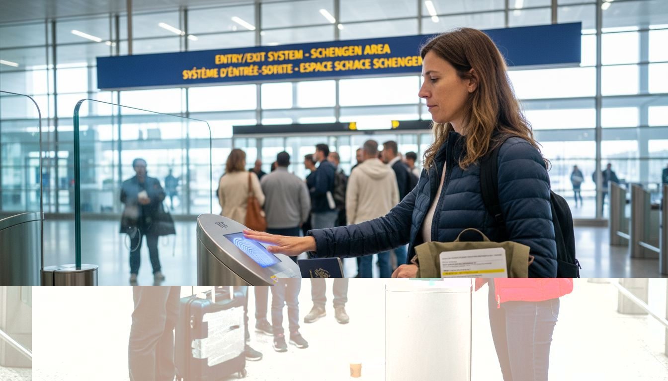 Travelers lined up at airport EES checkpoint