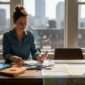 Woman planning travel at cluttered desk