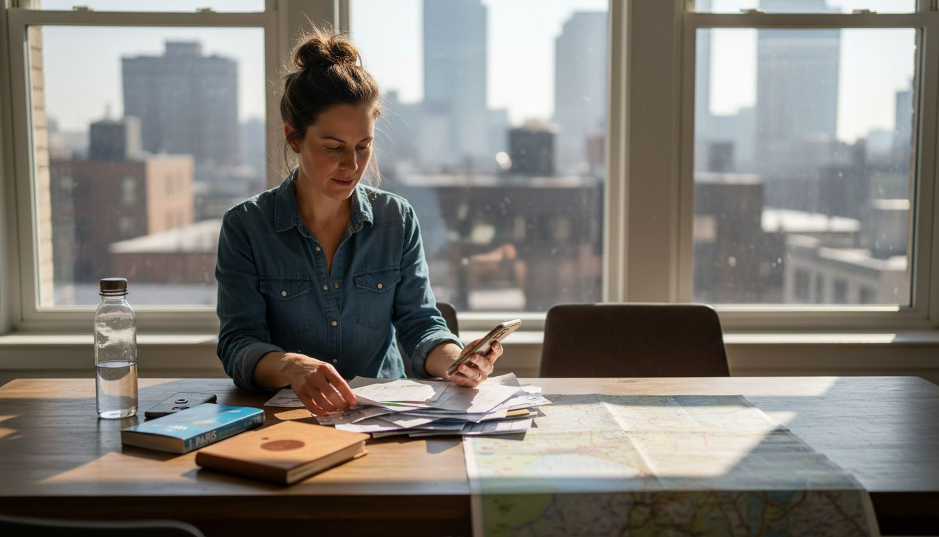 Woman planning travel at cluttered desk