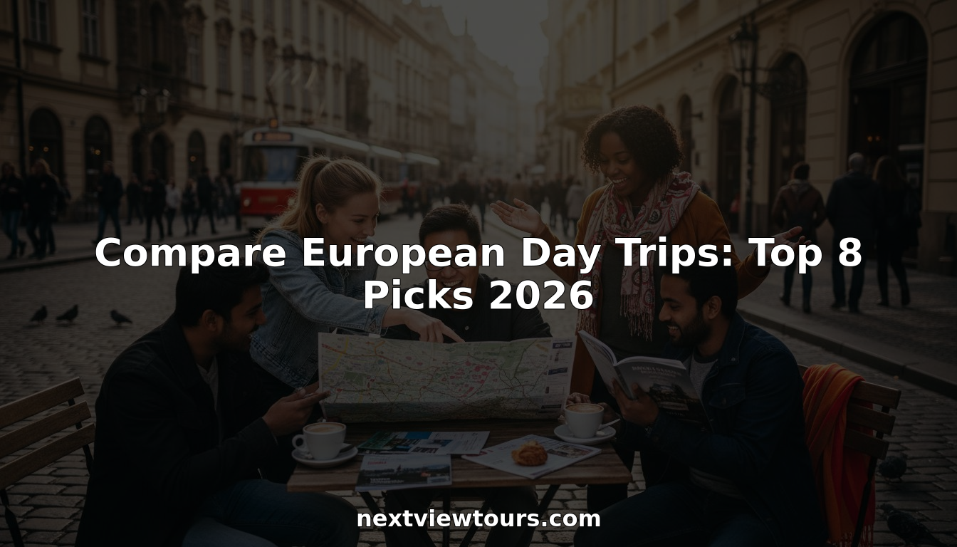 Group planning European day trips at outdoor café