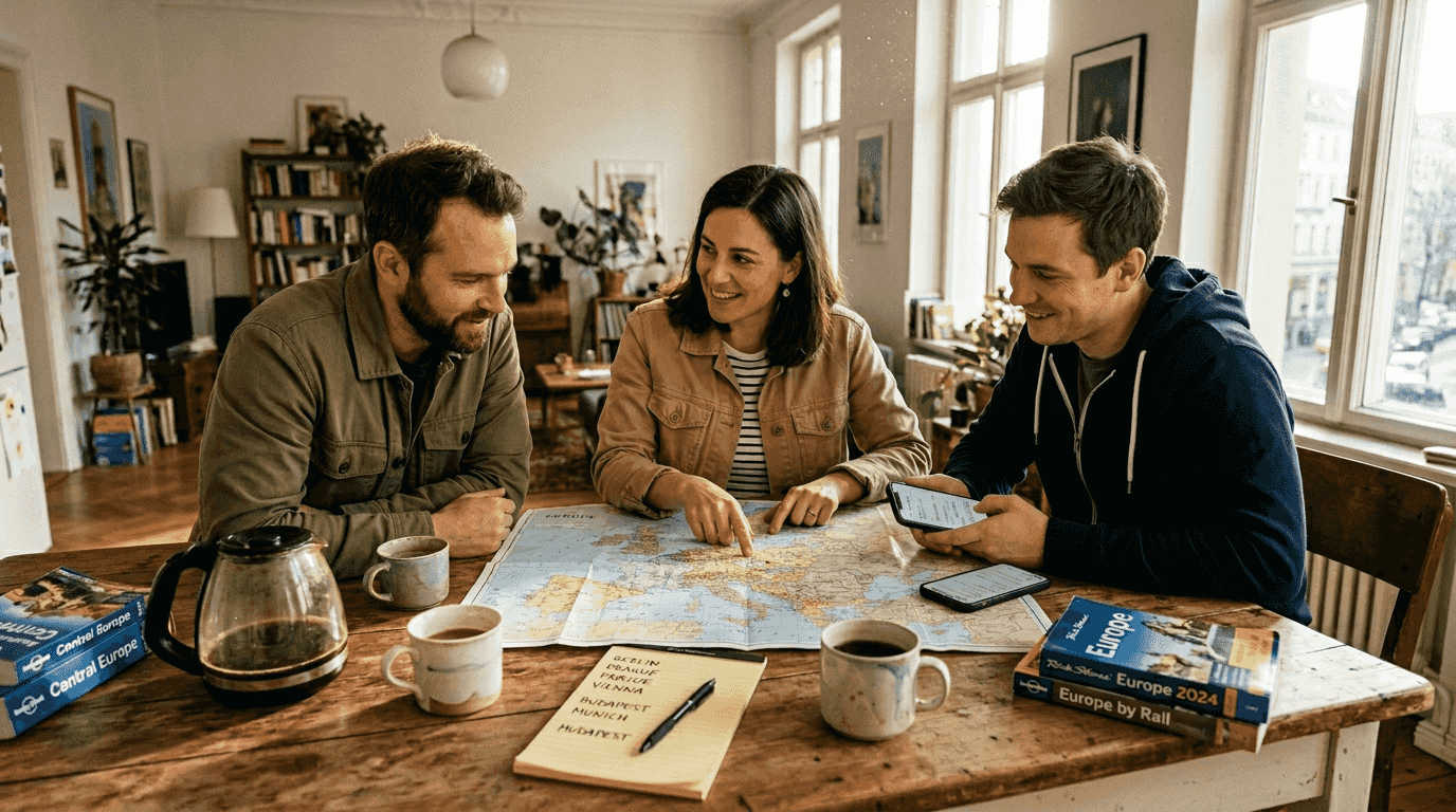 Friends planning Europe trip at kitchen table