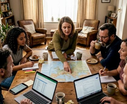 Friends planning European group tour at home