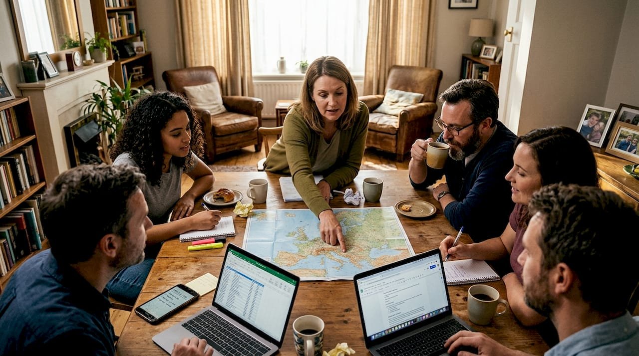 Friends planning European group tour at home