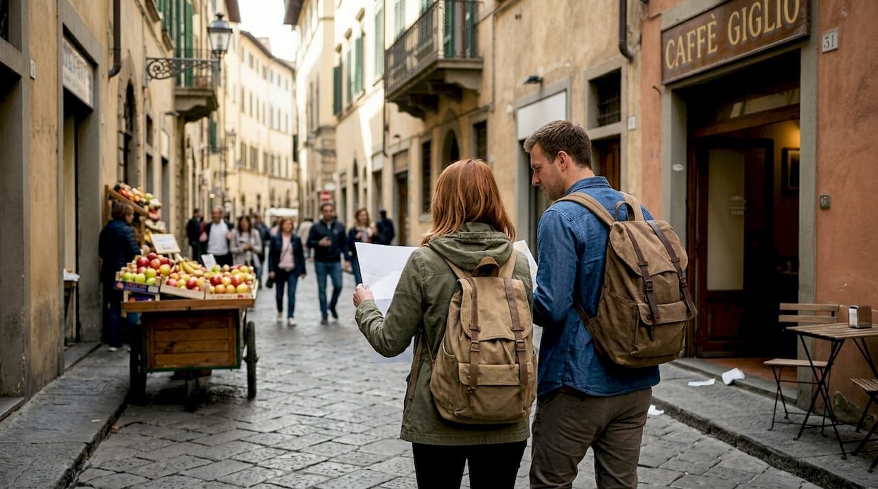 Travelers exploring historic European city street