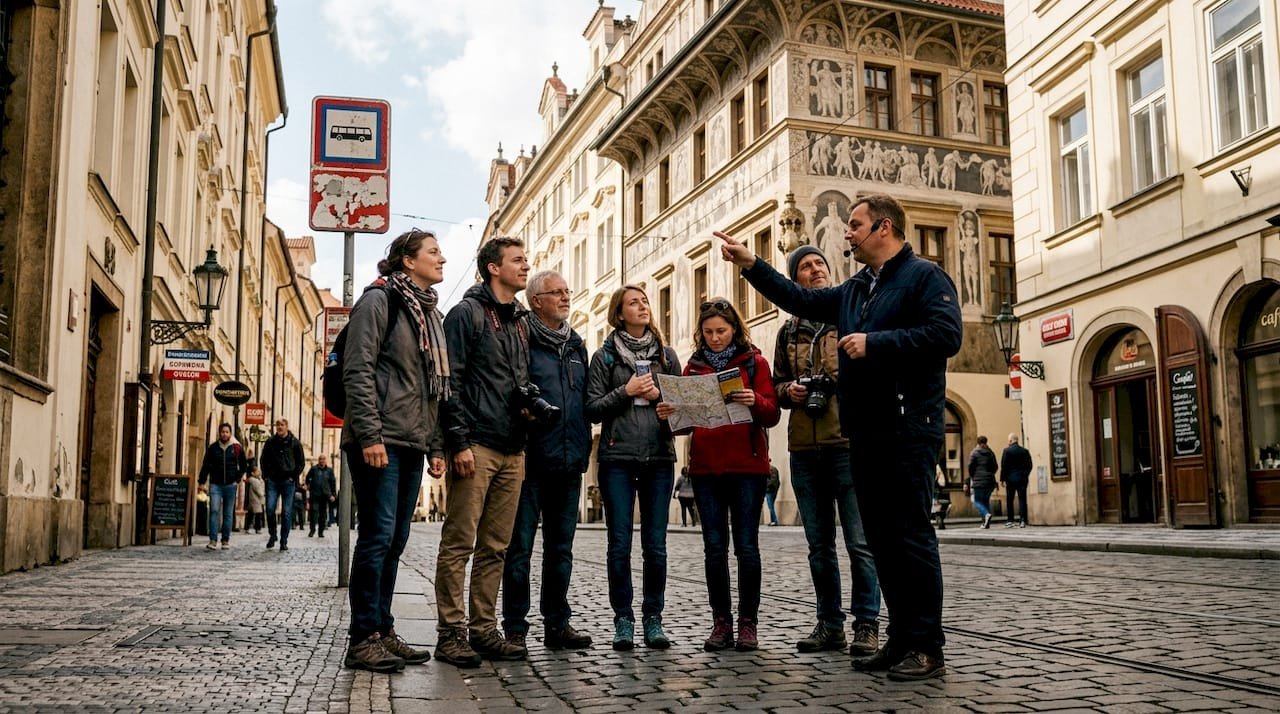 Tour group with guide in Prague city street