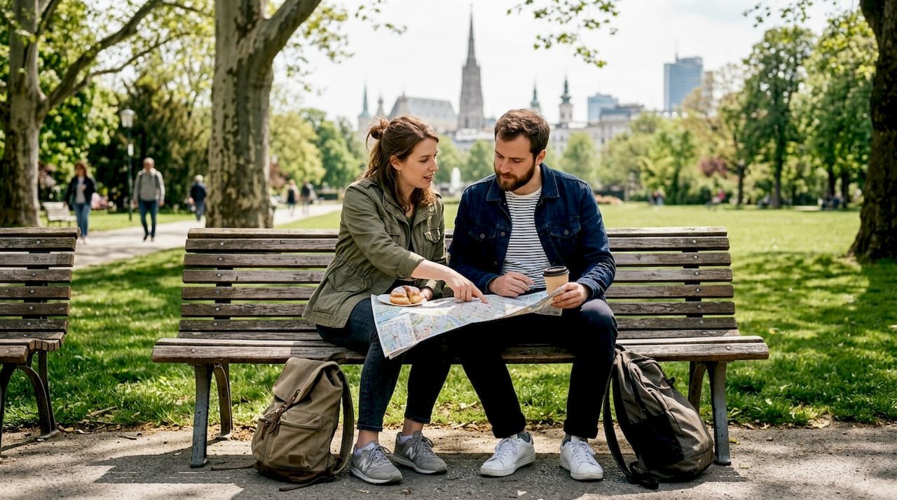 Couple planning day trip with city map outdoors