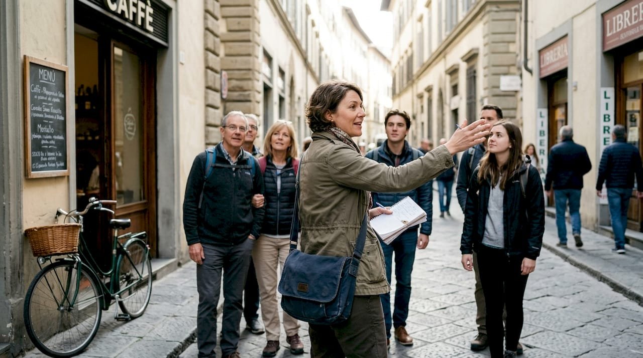 Tour guide leads group on busy city street