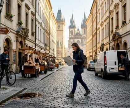 Traveler on cobblestone street near Central Europe landmark
