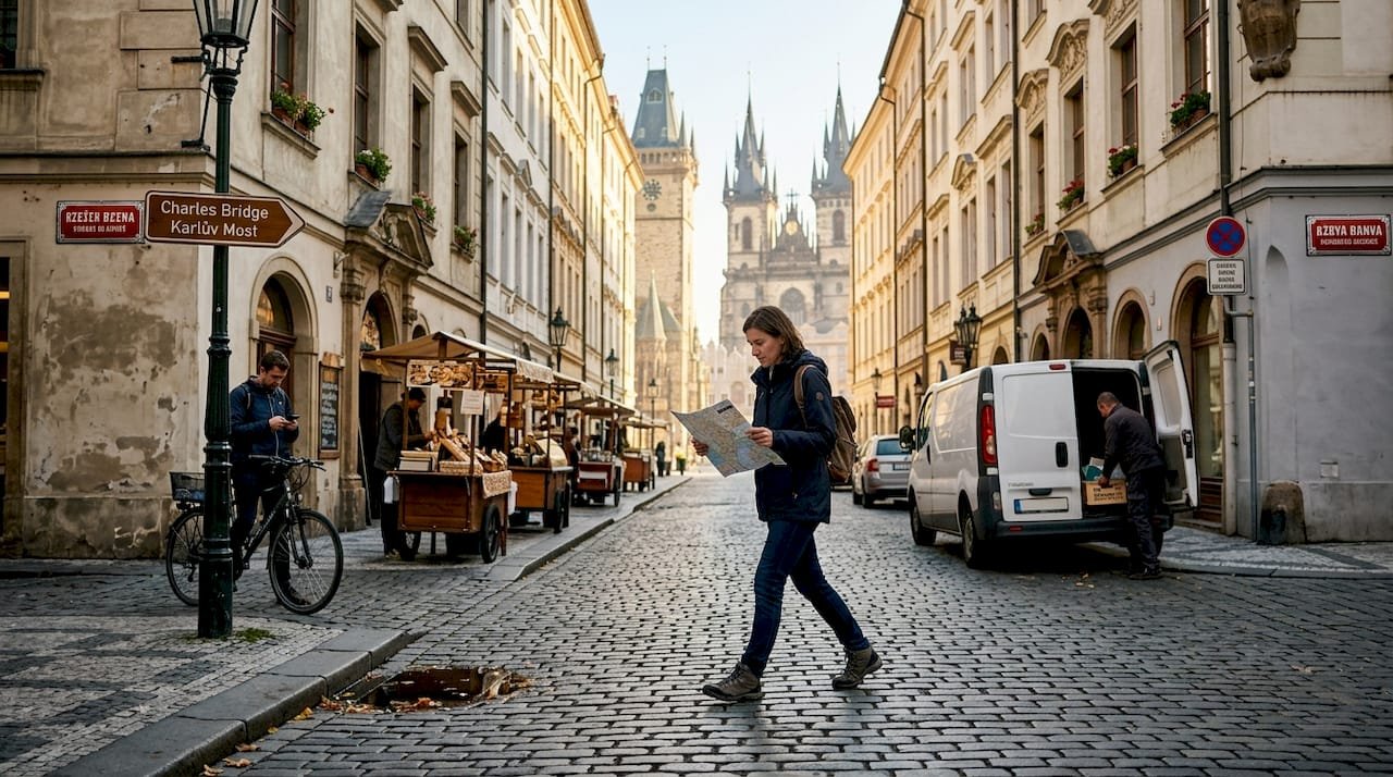 Traveler on cobblestone street near Central Europe landmark