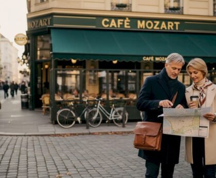 Couple reviews itinerary outside Vienna café