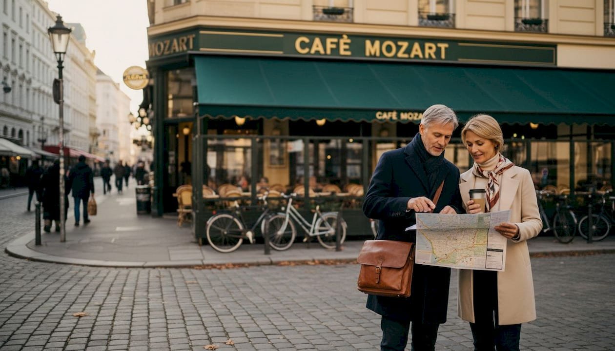Couple reviews itinerary outside Vienna café