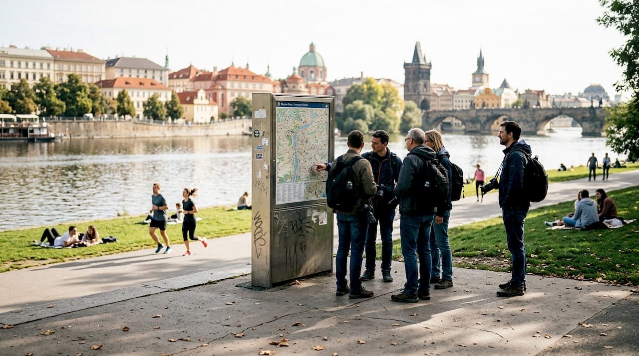 Tourists choosing nature or city tour in Europe
