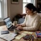 Woman plans Europe winter trip at dining table