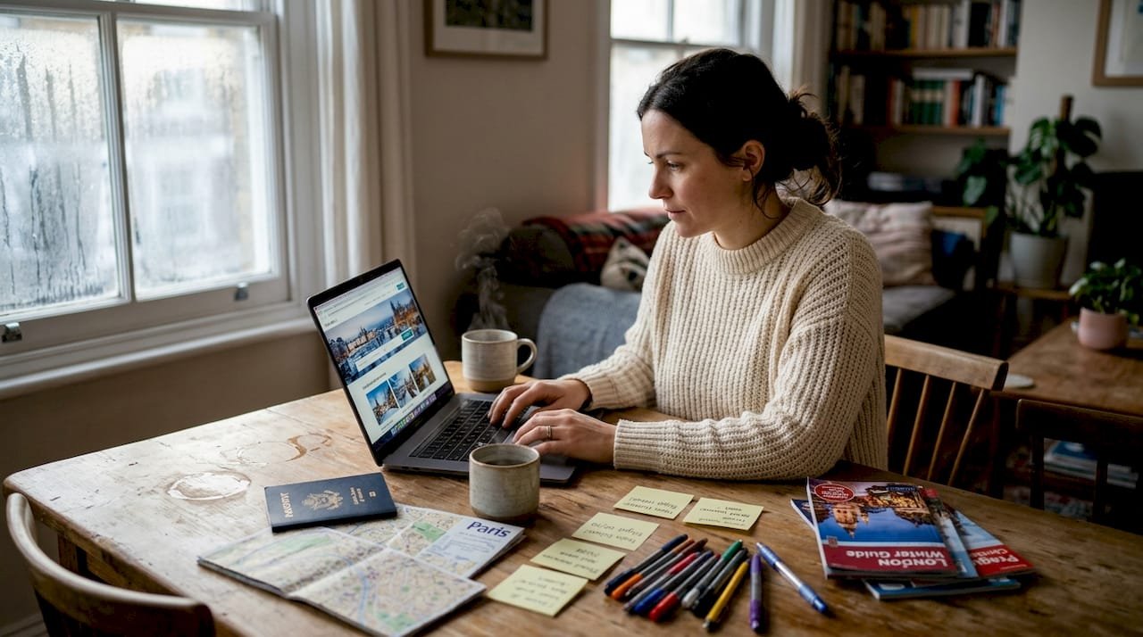 Woman plans Europe winter trip at dining table