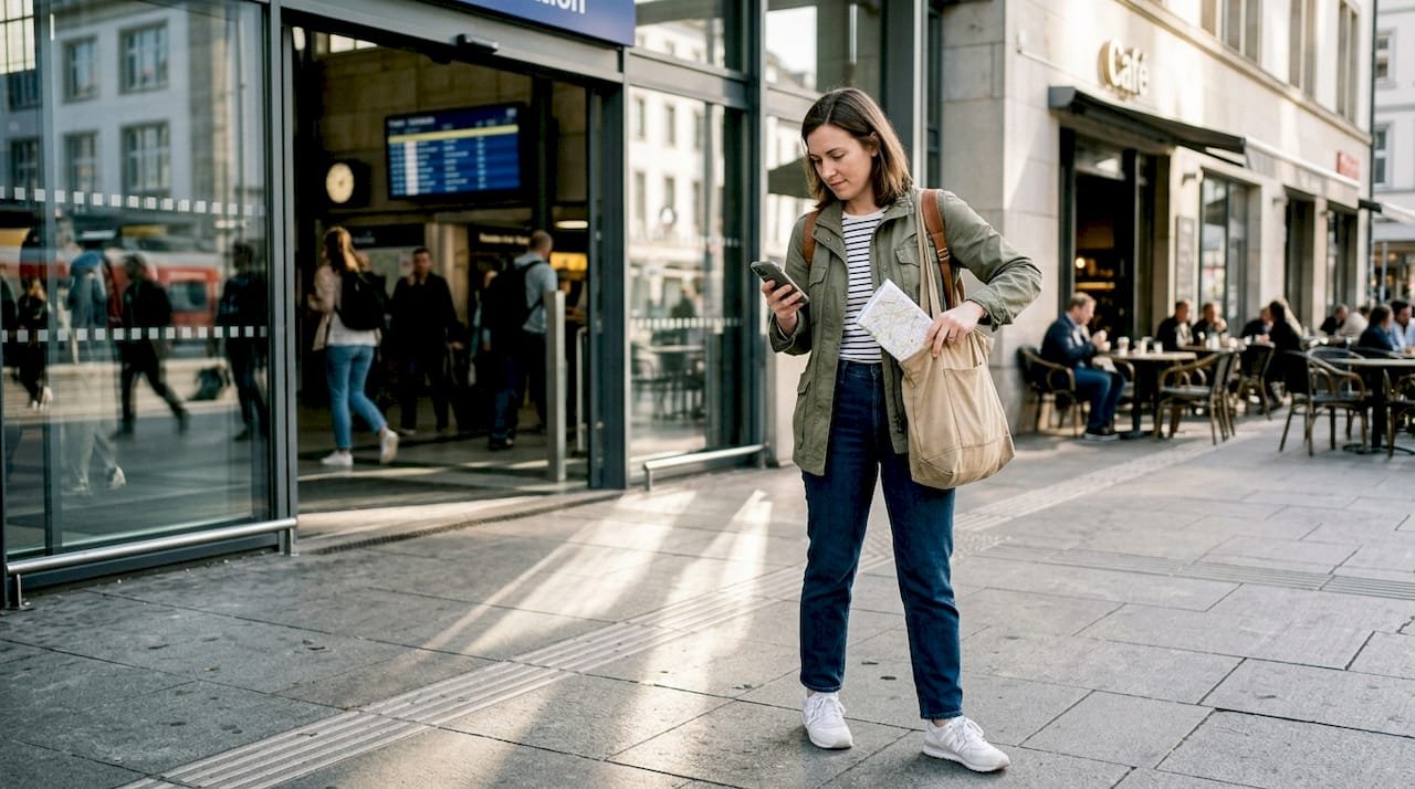 Traveler at train station planning city adventure