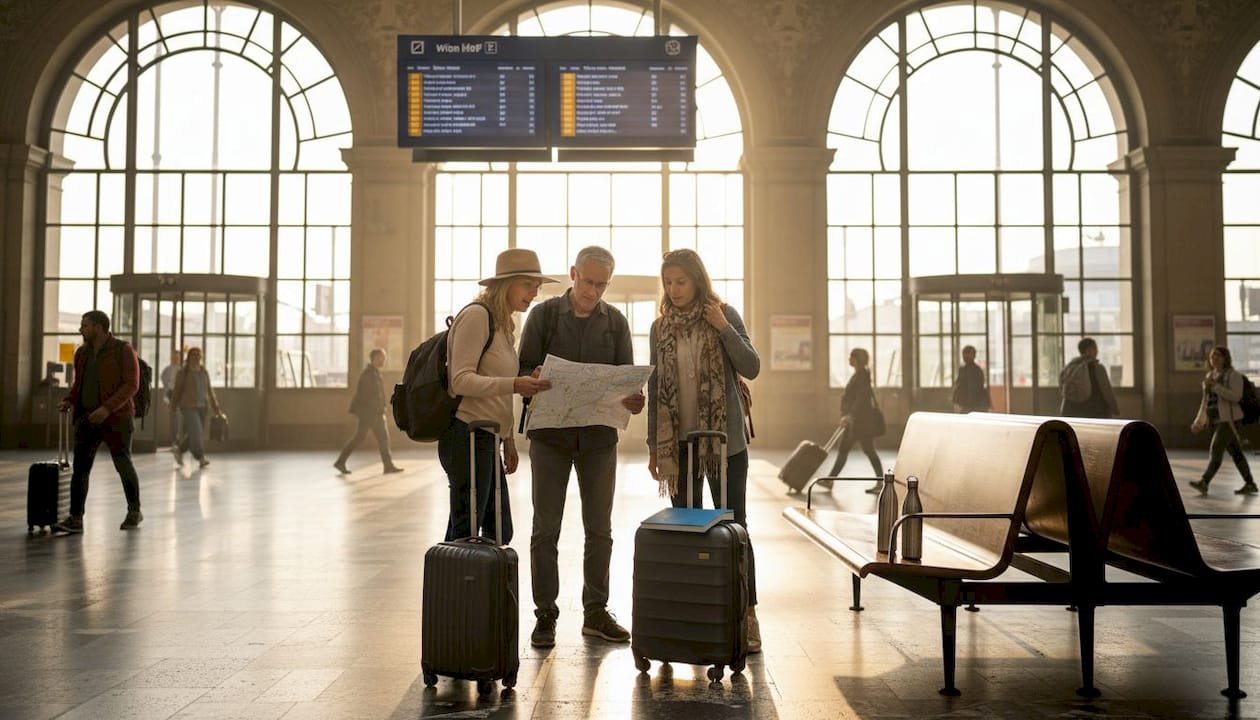 Travelers navigating European train station together