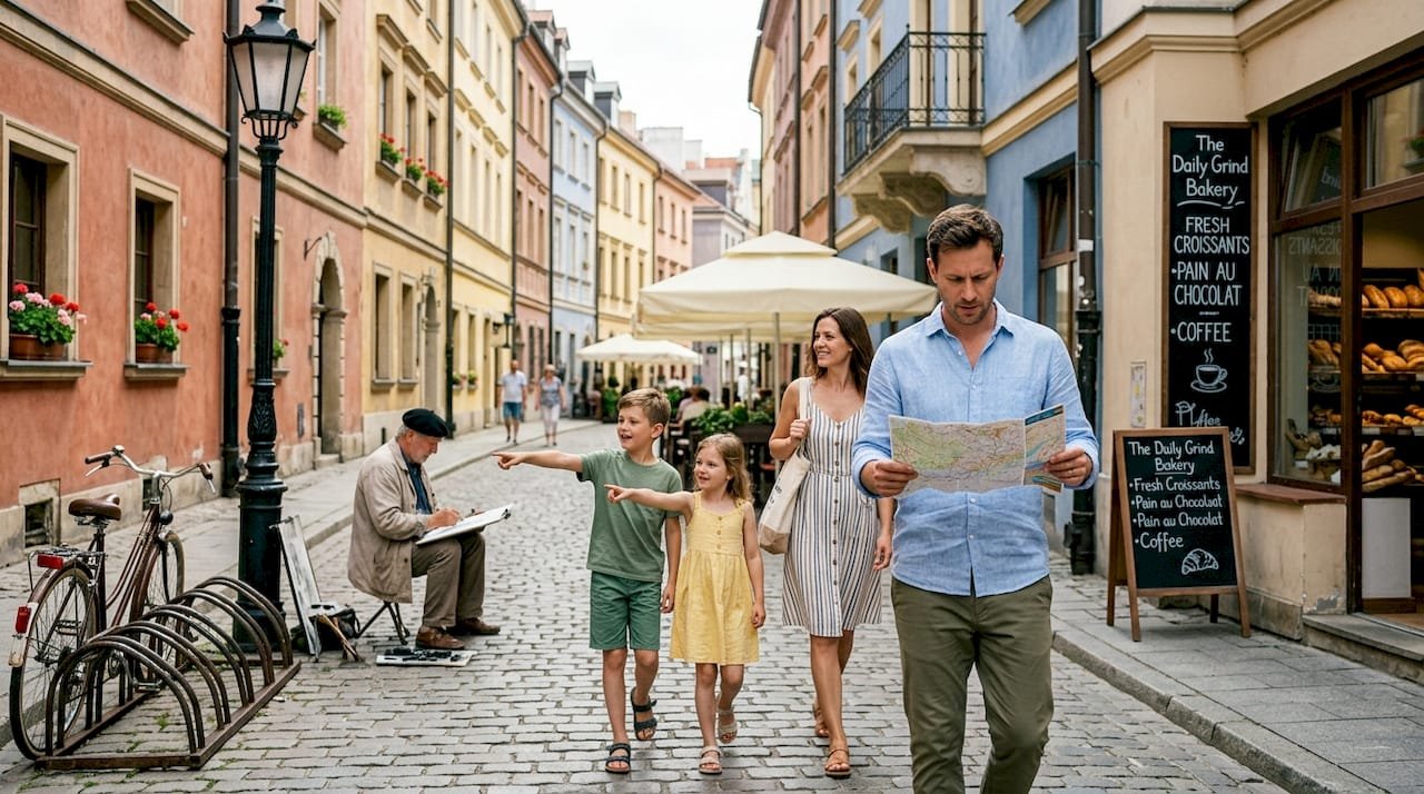 Family walking along European city street