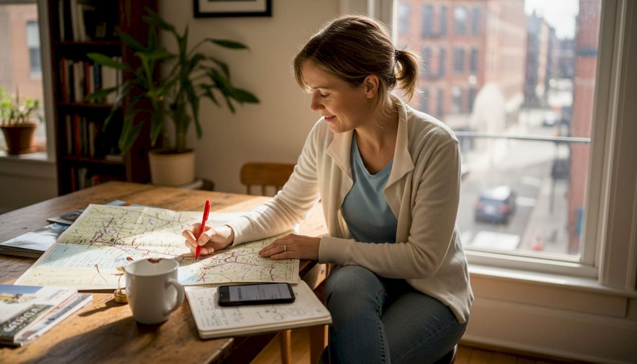 Traveler planning Europe route at kitchen table