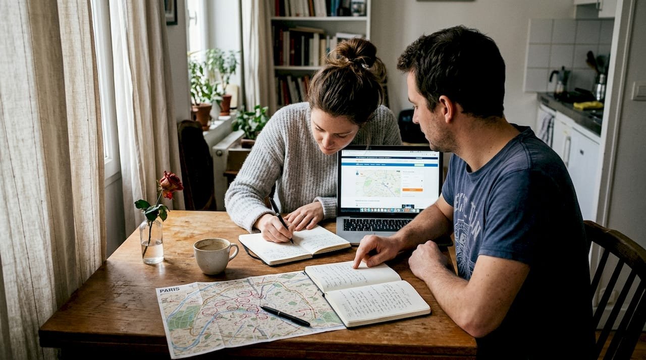 Couple planning Europe trip at kitchen table