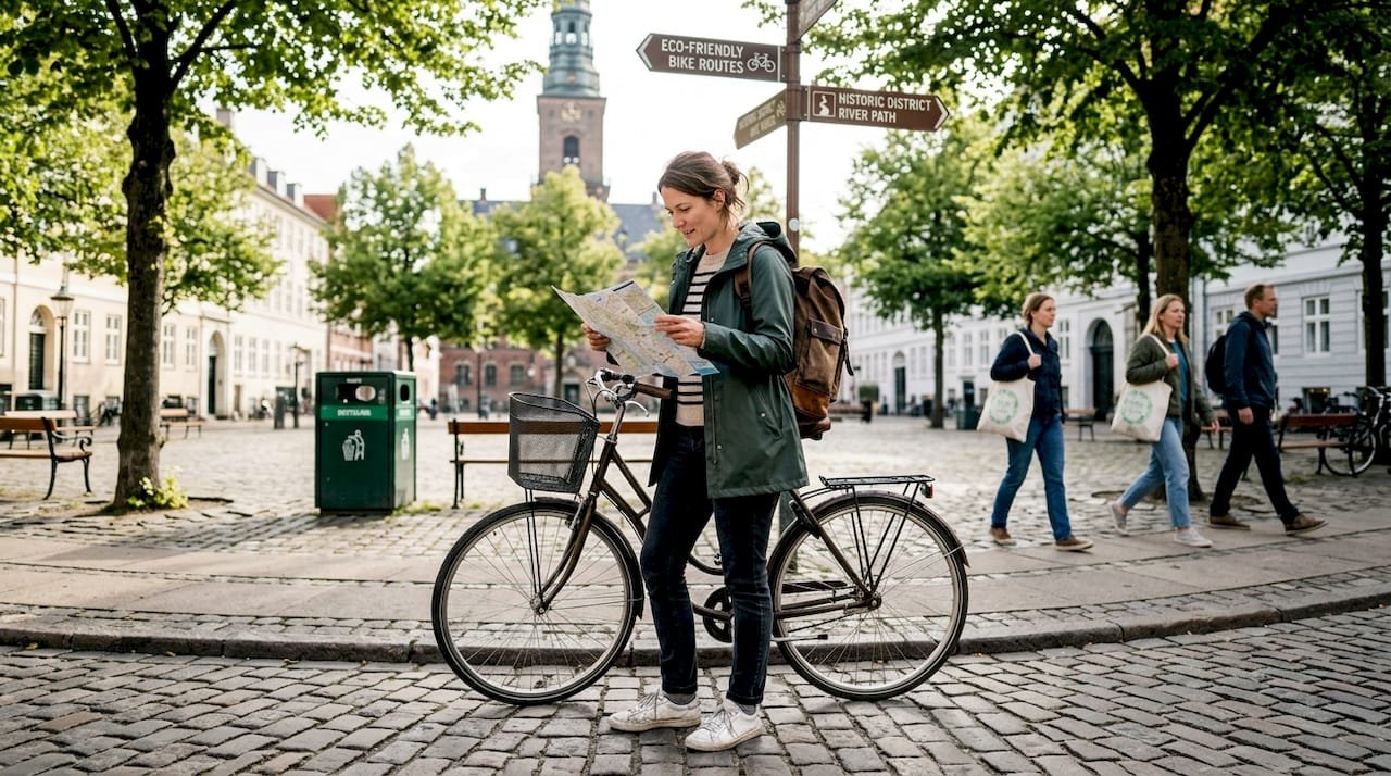 Traveler in historic plaza with eco tour map
