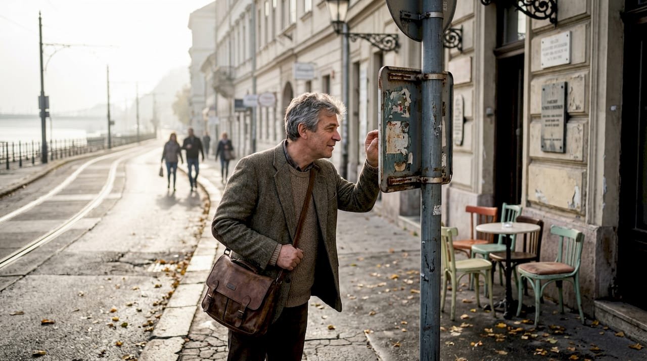 Historian walking along Budapest river street