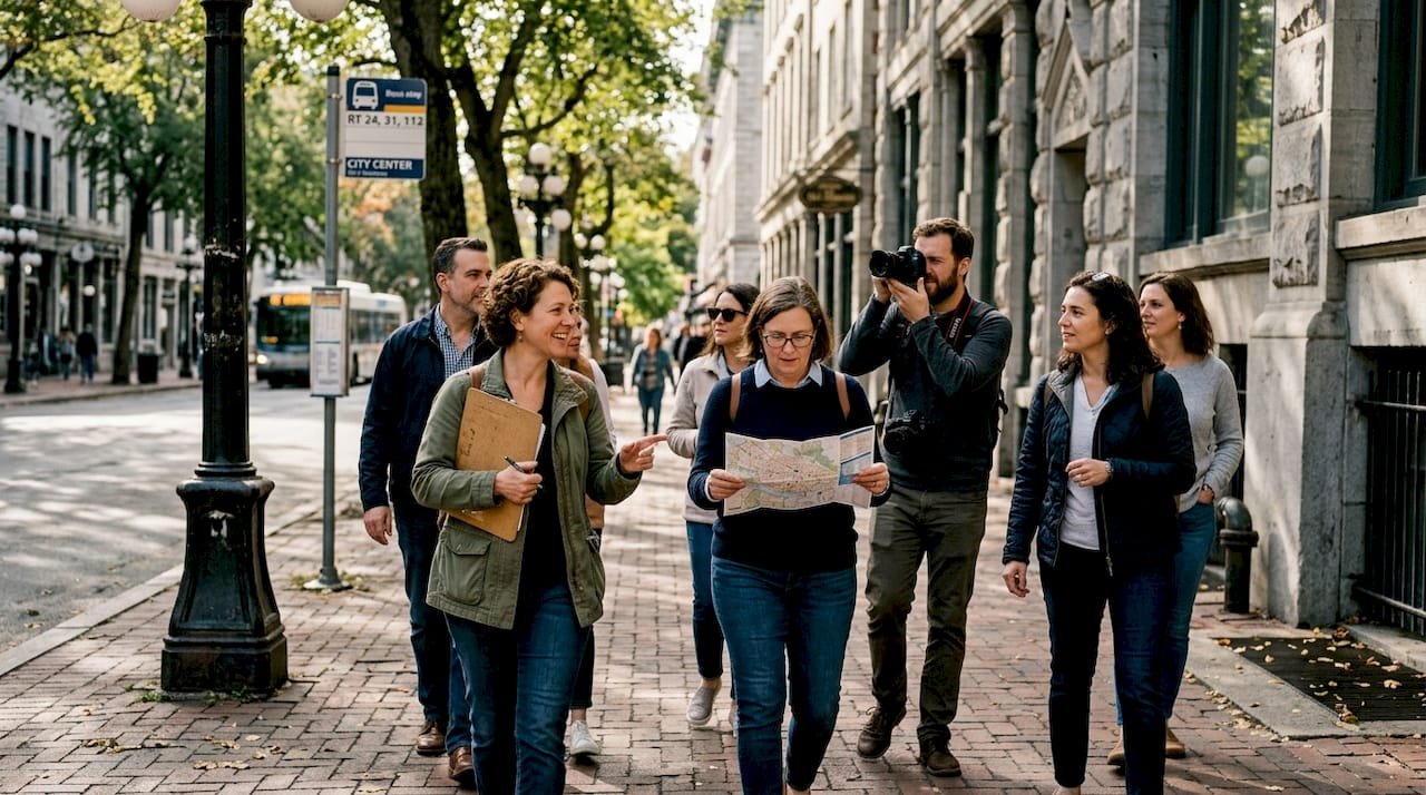 Group walking city street with guide