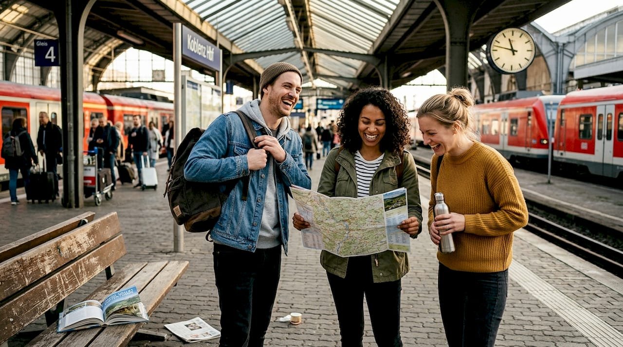 Friends planning European all-inclusive tour at station