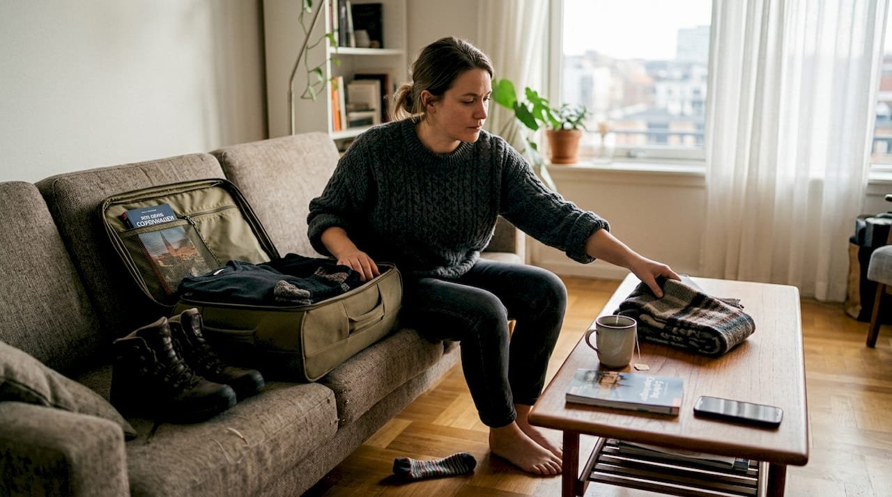 Woman packing winter travel essentials at home