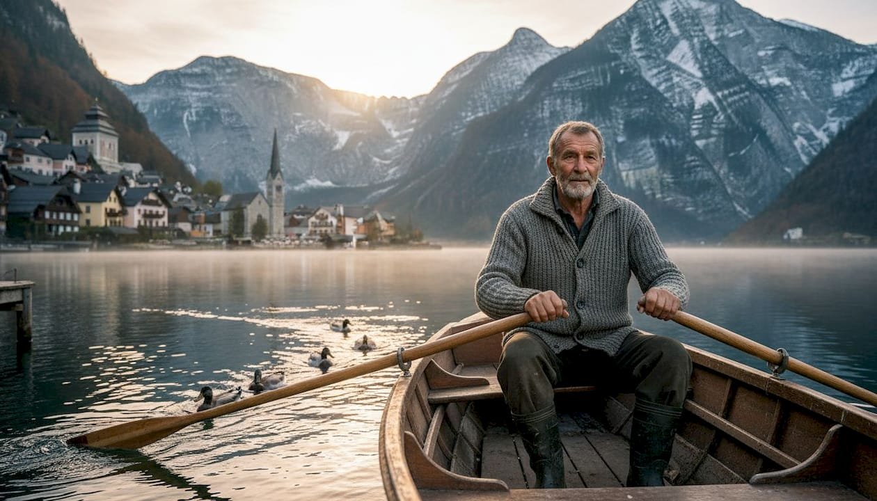 Fisherman rows on Lake Hallstatt at sunrise