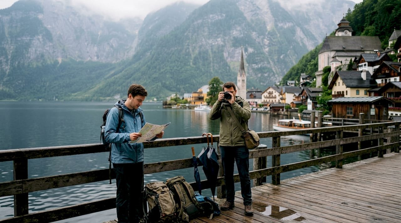 Travelers overlooking Hallstatt village from ferry dock