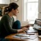 Woman booking nature tour at kitchen table