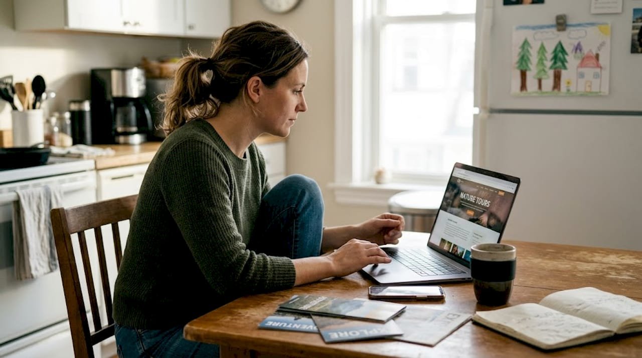 Woman booking nature tour at kitchen table