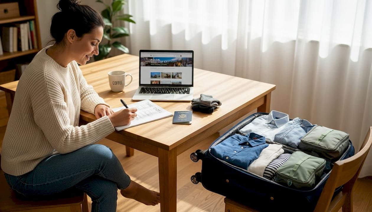 Woman preparing European packing checklist at kitchen table