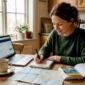 Woman planning European tour at kitchen table