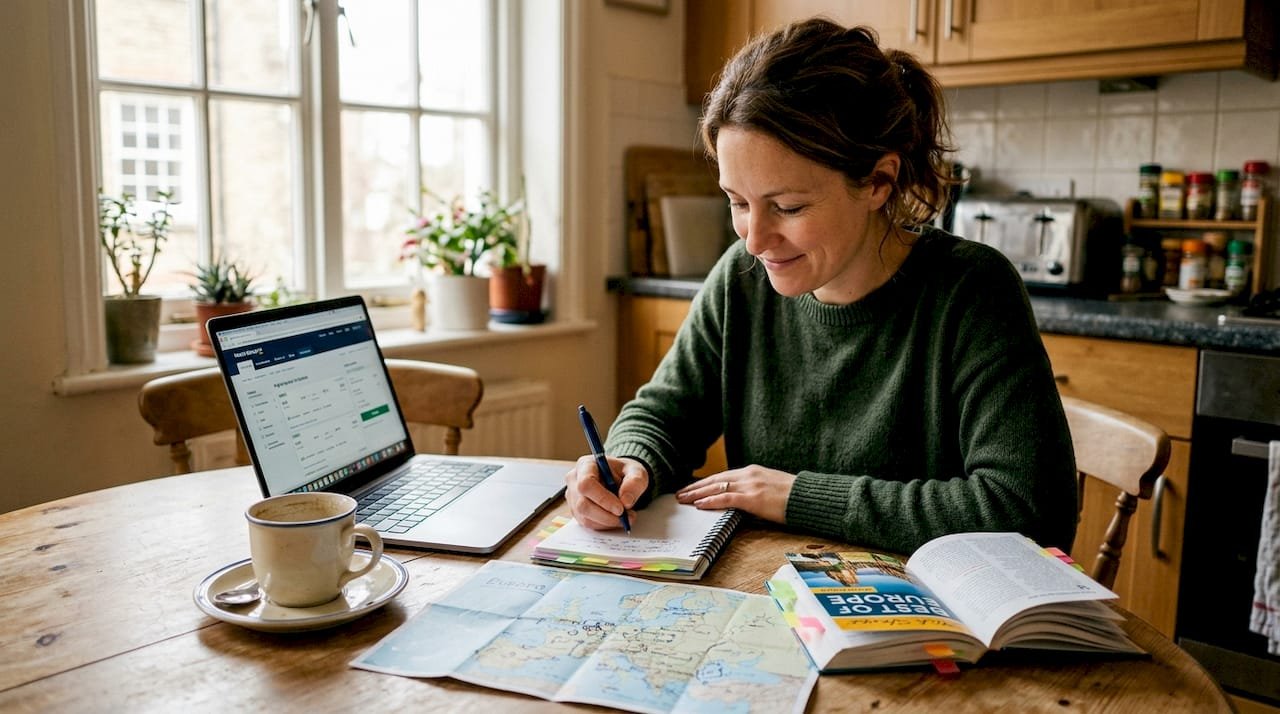 Woman planning European tour at kitchen table