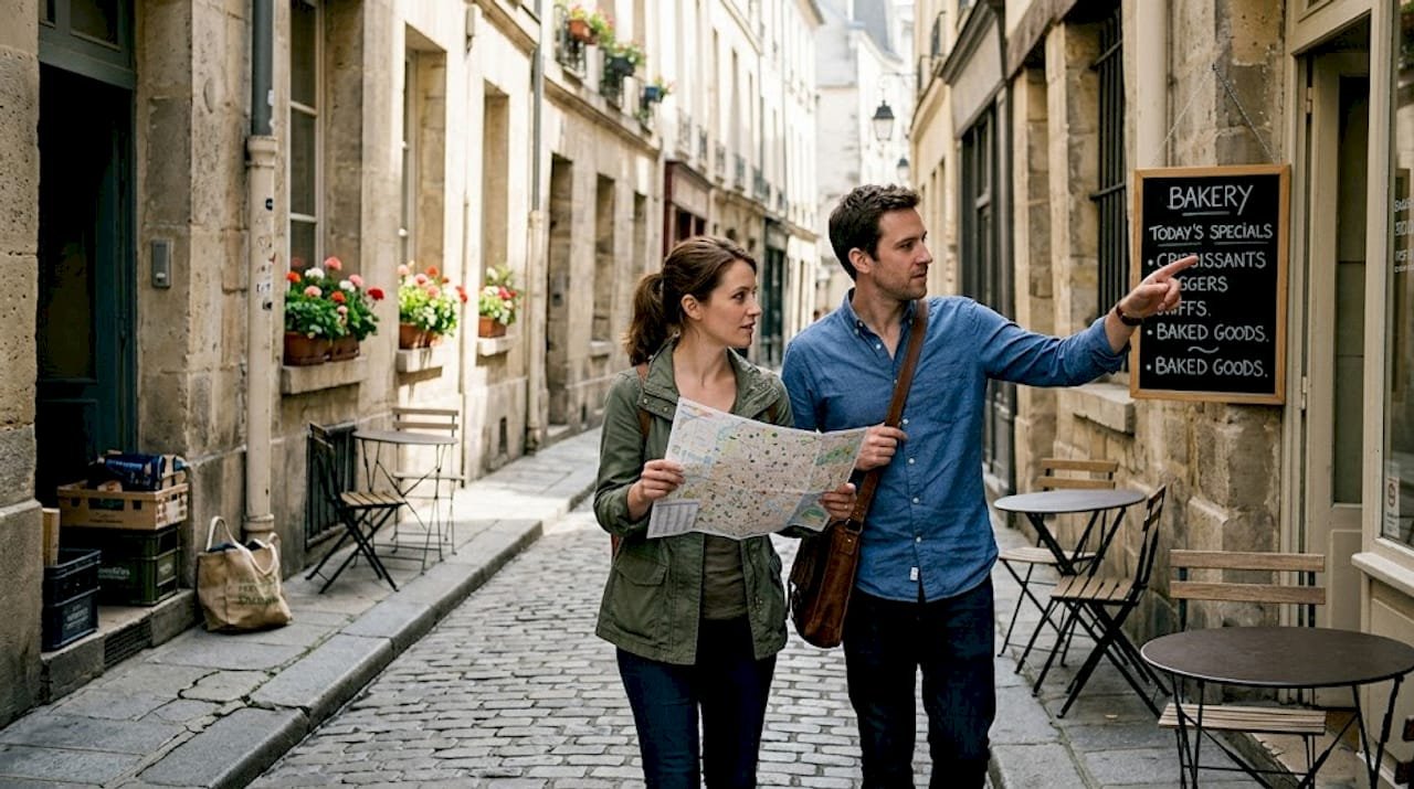 Couple navigating European street together
