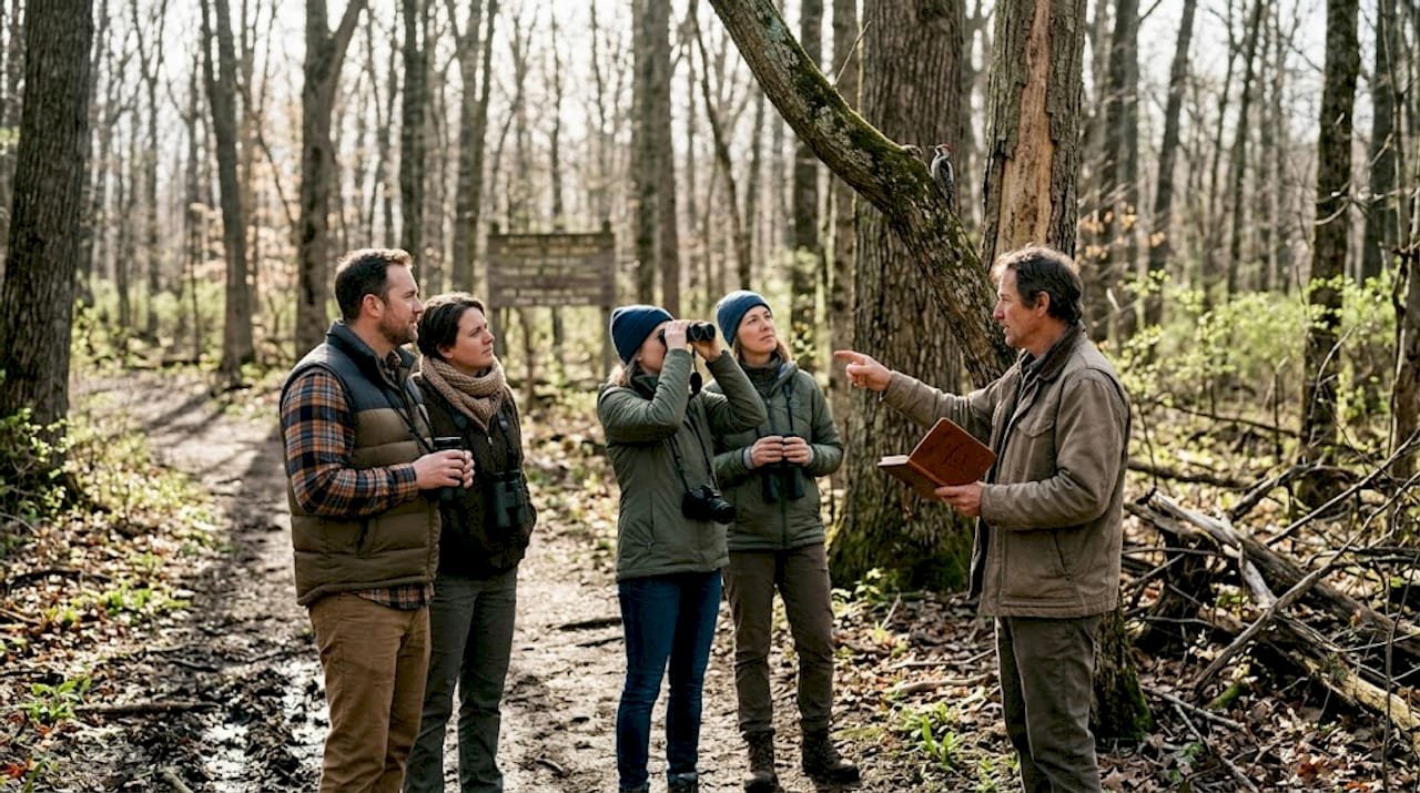 Small group on forest nature tour with guide