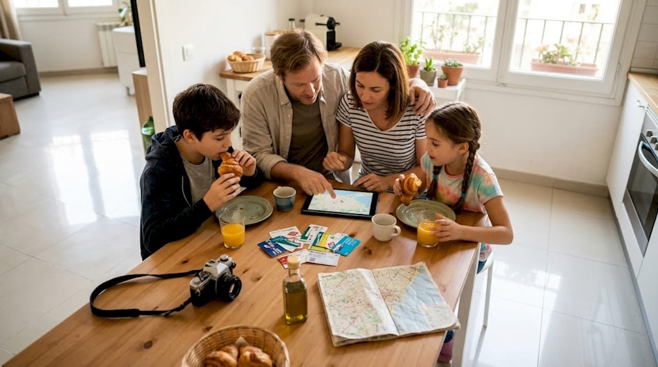Family planning European trip at kitchen table