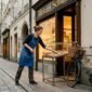 Bakery worker sets up on Salzburg Old Town street